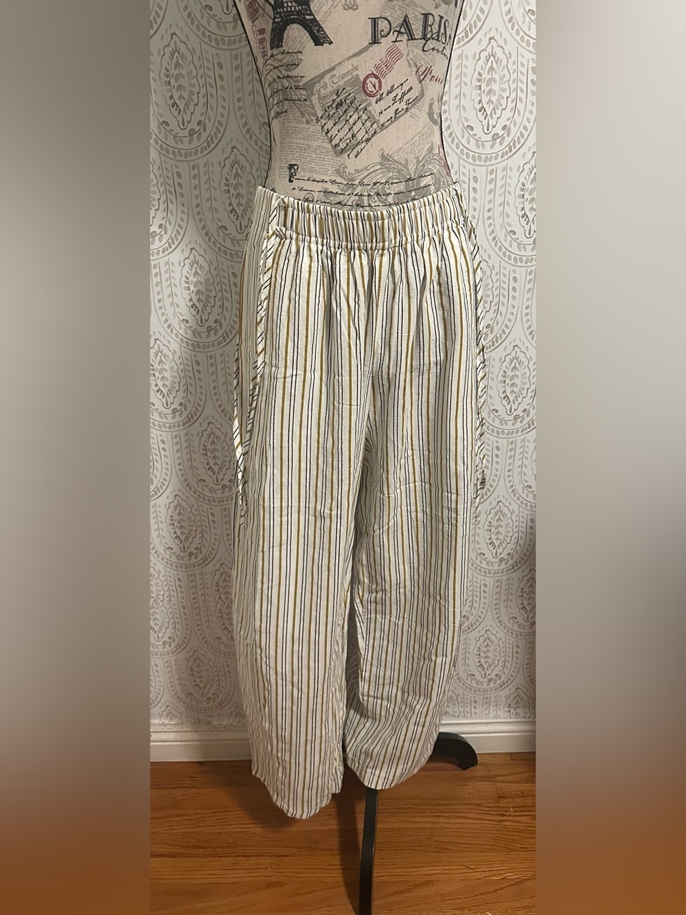 Women's Elastic Waist Striped Wide-Leg Pants - Cream & Yellow